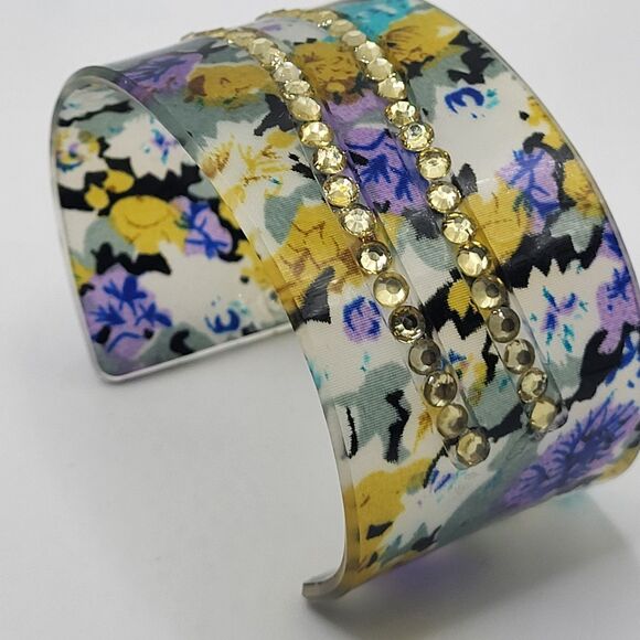 Transparent Floral Acrylic Bangle Wide Chunky 8in 1.5in wide - Picture 2 of 4
